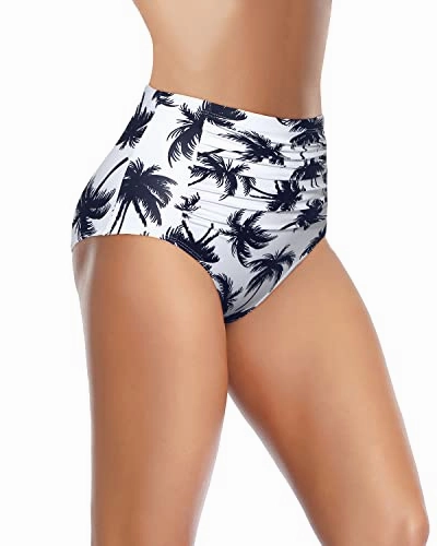 Women High Waisted Bikini Bottom Tummy Control Ruched Bathing Suit Bottom-Black Palm Tree