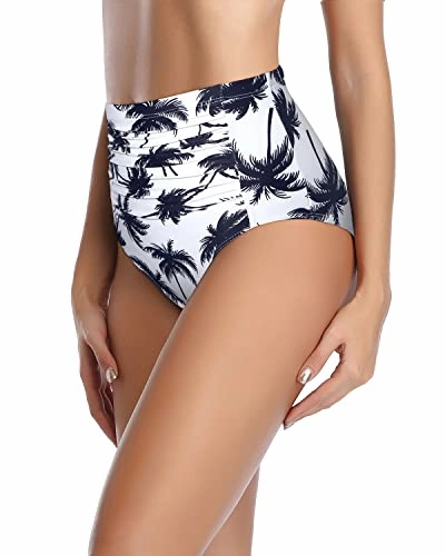Women High Waisted Bikini Bottom Tummy Control Ruched Bathing Suit Bottom-Black Palm Tree