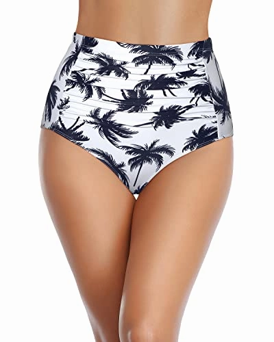 Women High Waisted Bikini Bottom Tummy Control Ruched Bathing Suit Bottom-Black Palm Tree