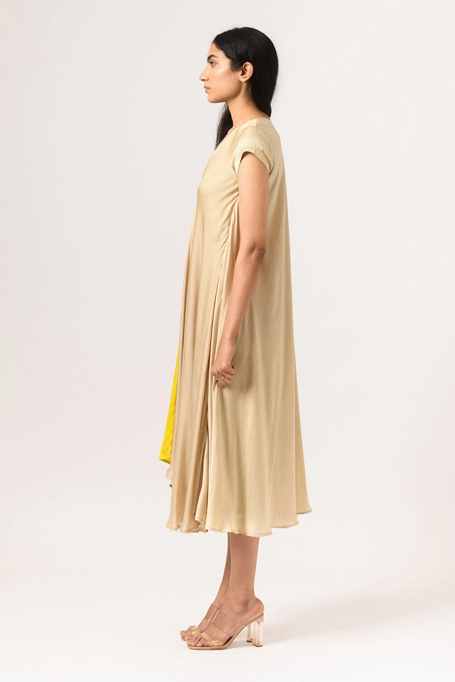 Yellow-Ecru Half-n-Half Midi Dress