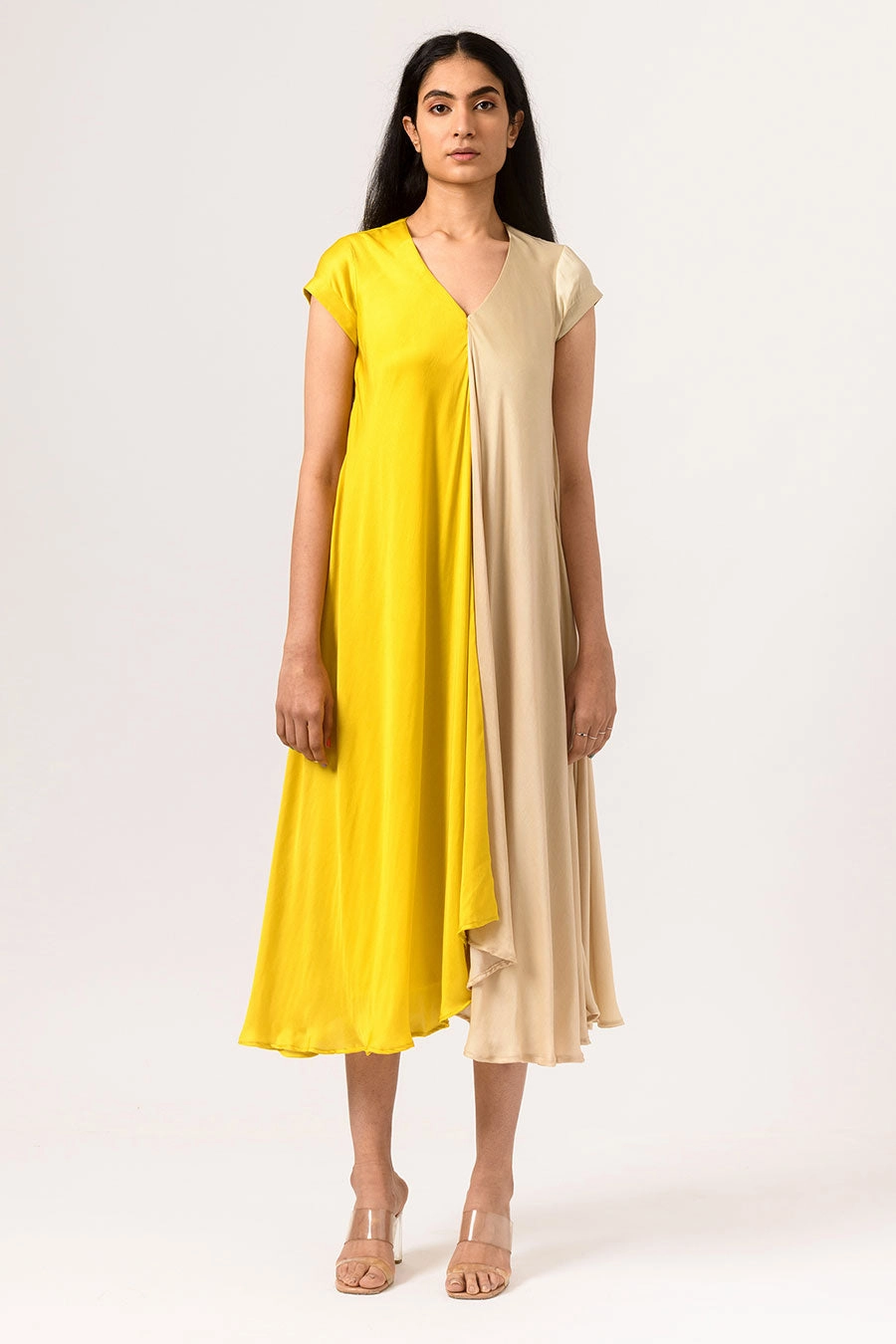 Yellow-Ecru Half-n-Half Midi Dress