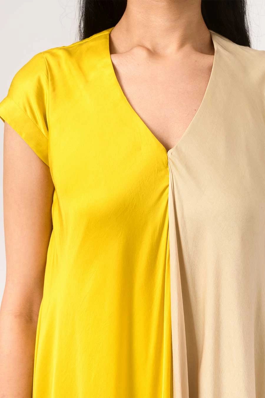 Yellow-Ecru Half-n-Half Midi Dress